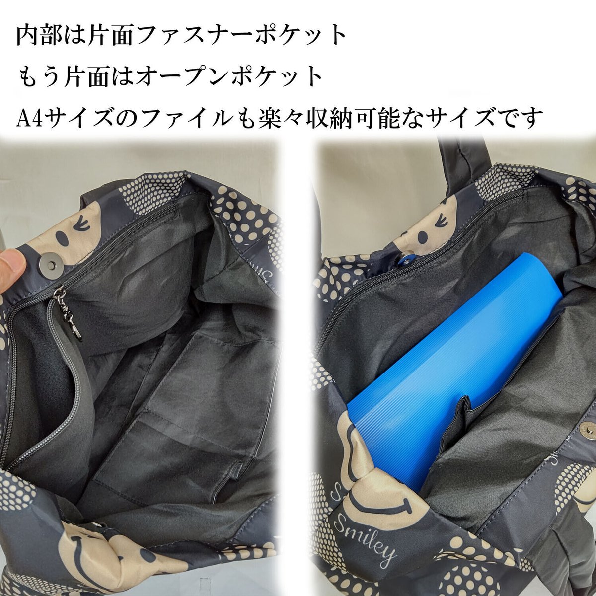 スマイリードット柄ナイロンA4対応・パスケース付き親子トート スマイリードット柄ナイロンA4対応・パスケース付き親子トート