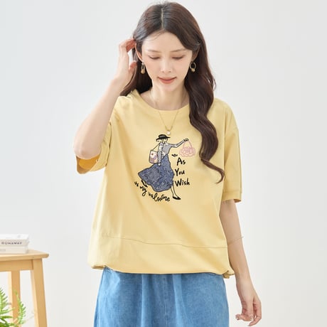 【M〜L】ガールイラストローズ刺繍半袖Tシャツ(N12-1244)