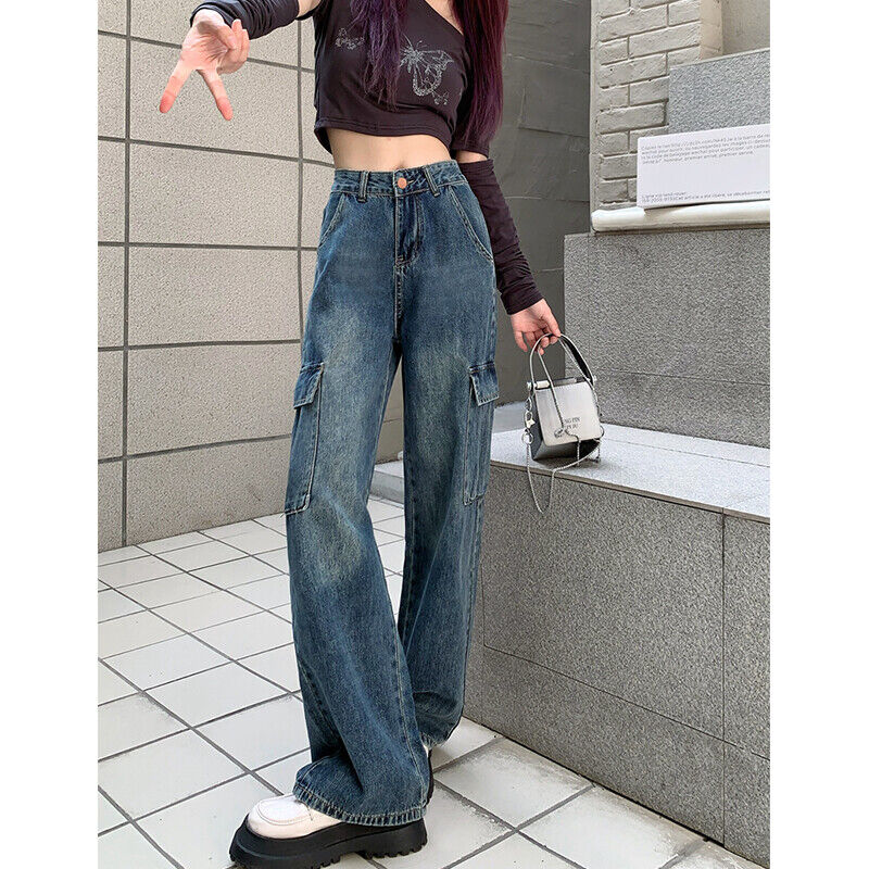 デニムパンツ ワイドデニムカーゴパンツ サイドポケット付き