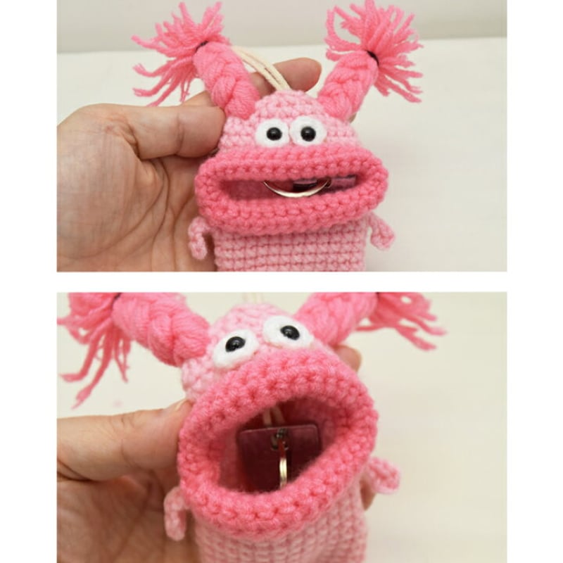 パクパク」手編み キャラキーホルダー チャーム ピンクcharm-70