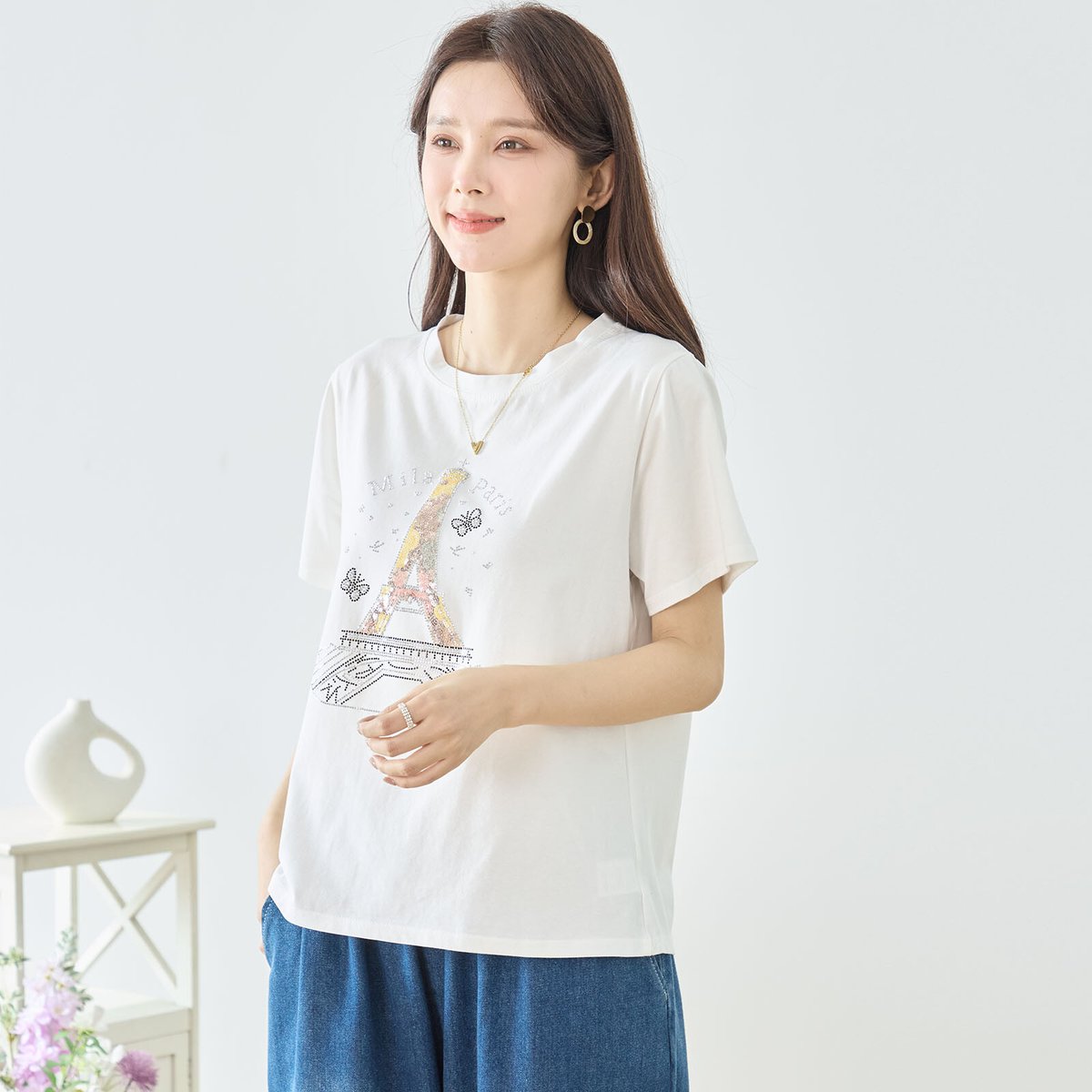 M〜L】フローラルエッフェル塔プリントTシャツ(N12-1092) | prologueik