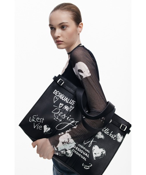 Desigual 手書き風落書きプリントフェイクレザーショッパーバッグ