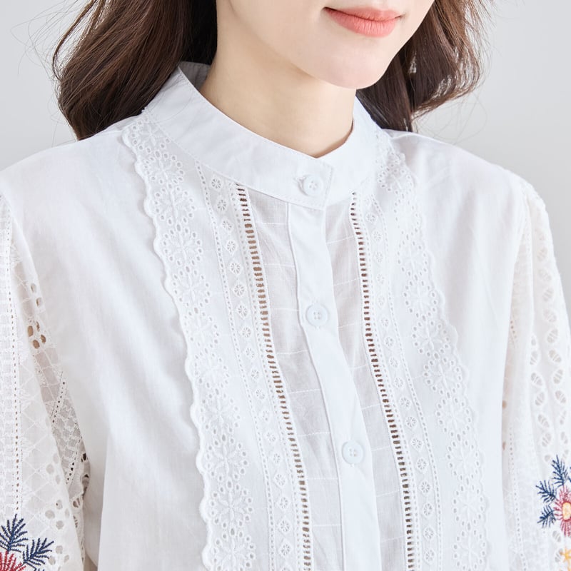 M〜L】花刺繍レーススタンドカラーブラウス(N72-148) | prologueikebu