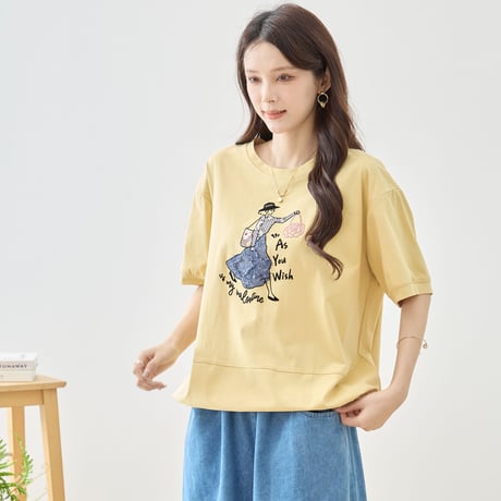 【M〜L】ガールイラストローズ刺繍半袖Tシャツ(N12-1244)