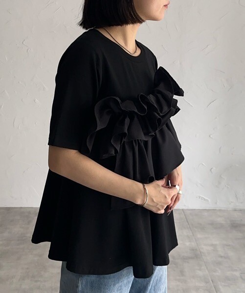 deicy - グログランフリルボーダーカットソー♡ ティアードフリル ドッキング カットソー トップス 体型カバー