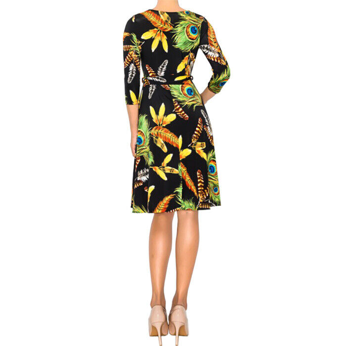 新品未使用　USインポート　DVF ラップワンピース silk100% 豹柄 LAインポート 孔雀羽柄 Vネック7分袖ラップワンピース ブラック