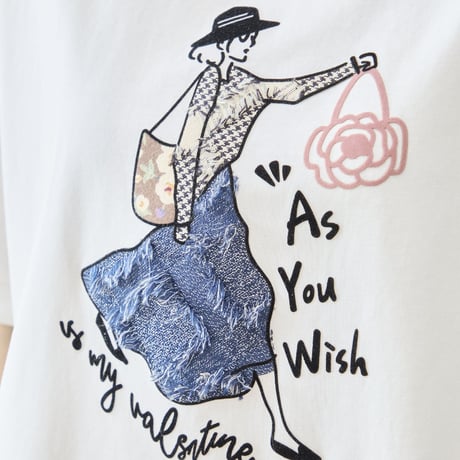 【M〜L】ガールイラストローズ刺繍半袖Tシャツ(N12-1244)