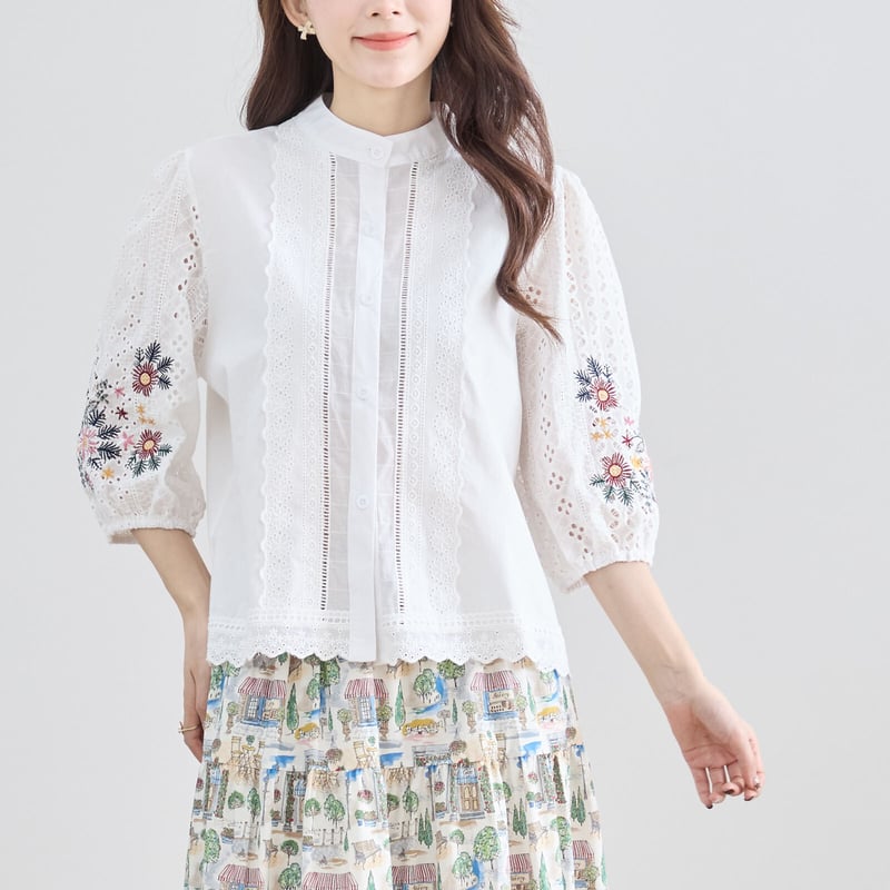 M〜L】花刺繍レーススタンドカラーブラウス(N72-148) | prologueikebu