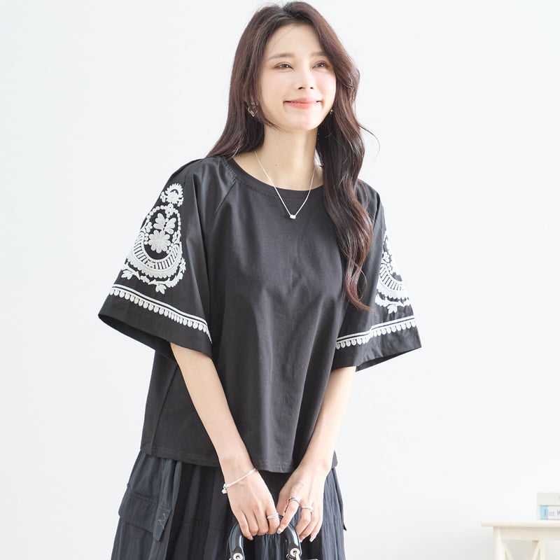 M〜L】袖エスニック刺繍半袖トップス(N12-579) | prologueikebukur