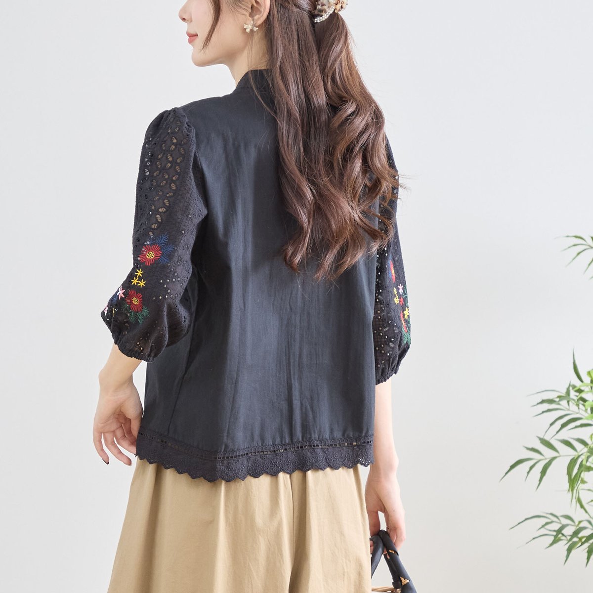 カラー刺繍レースブラウス cepo（セポ） ブラウス シャツ kaca バンドカラー刺繍レースブラウス
