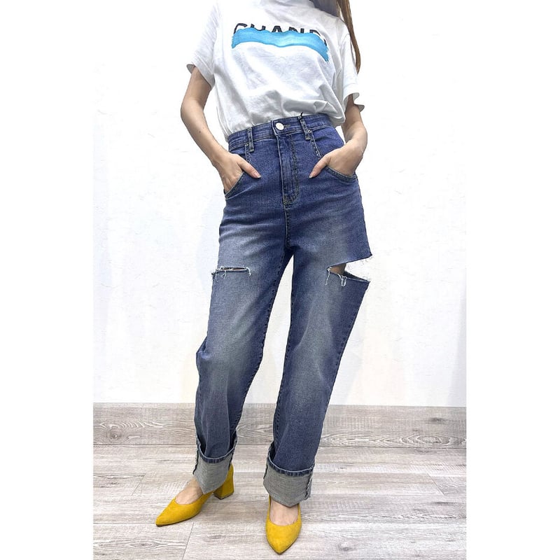 ハイウェストデニム ストライプデザイン みぎもY's 3color 】サイドタック切替ハイウエストストレートデニム 4size ／ パンツ
