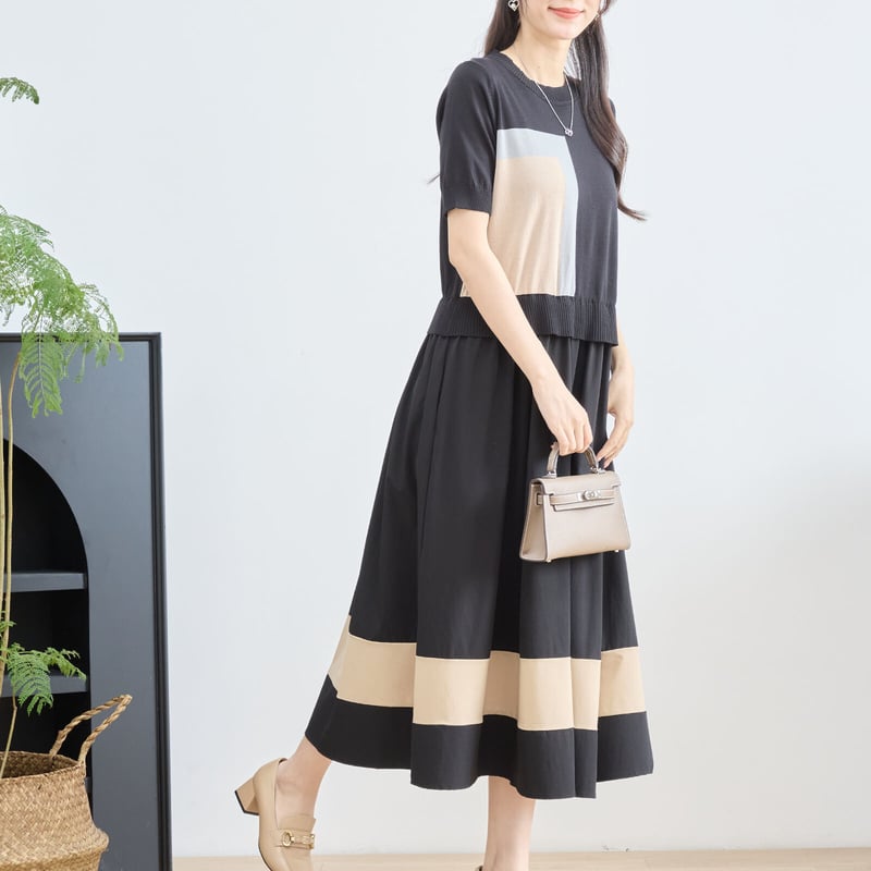 半袖配色ニットドッキングワンピース （C38-258B） | prologueikebukur