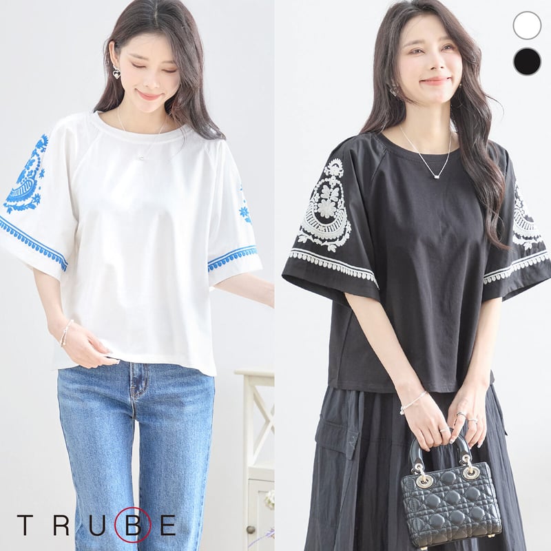 M〜L】袖エスニック刺繍半袖トップス(N12-579) | prologueikebukur