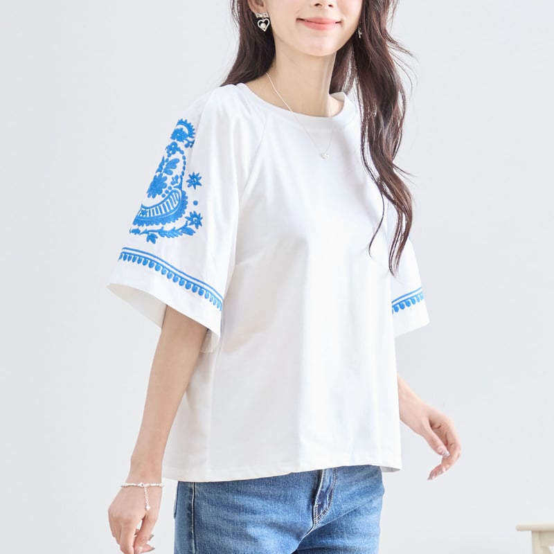 M〜L】袖エスニック刺繍半袖トップス(N12-579) | prologueikebukur