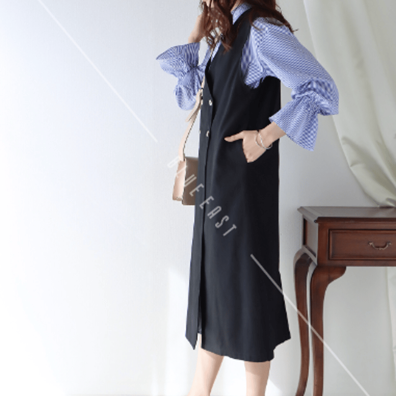 ✨日本製✨ アンプレガント 【S】 2WAY ジレ ワンピース 羽織り 綿 紺 ダブルボタンジャンスカ 2WAYジレワンピース8-2719 | prologueikebuku