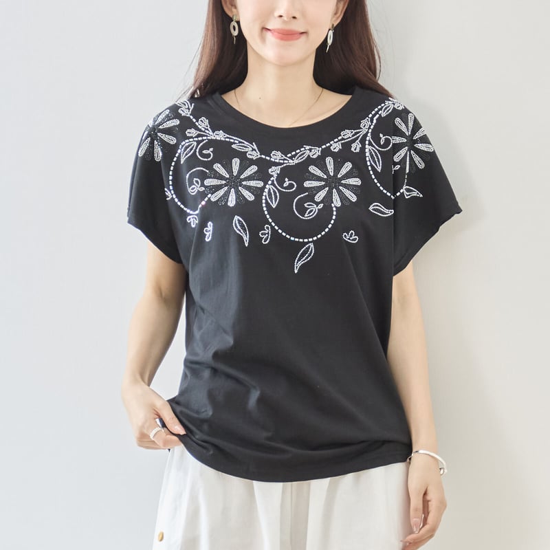 M〜L】ビジューフラワー刺繍Tシャツ(N12-1058) | prologueikebuku