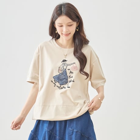 【M〜L】ガールイラストローズ刺繍半袖Tシャツ(N12-1244)
