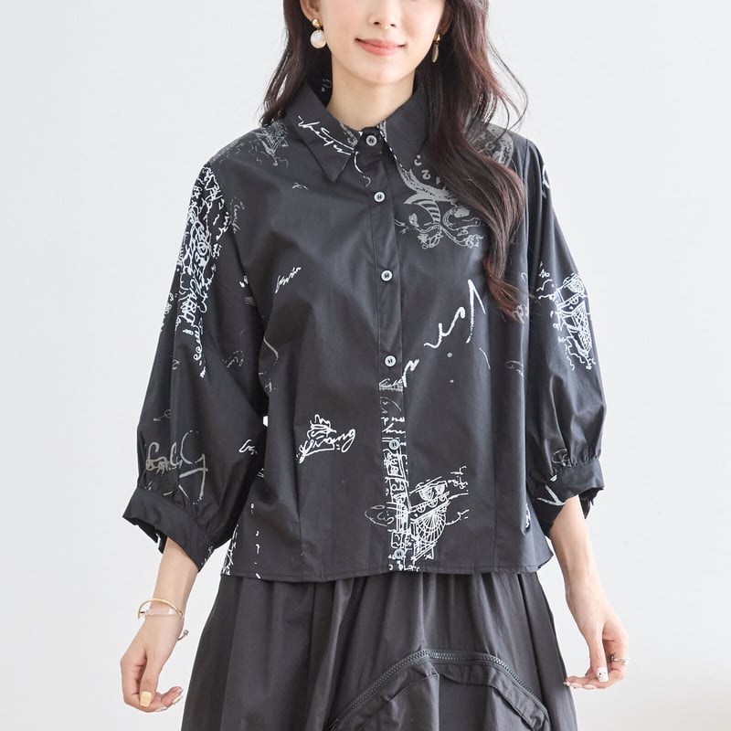 M〜L】手書き風時計柄バルーンスリーブシャツ(N72-186) | prologueikeb