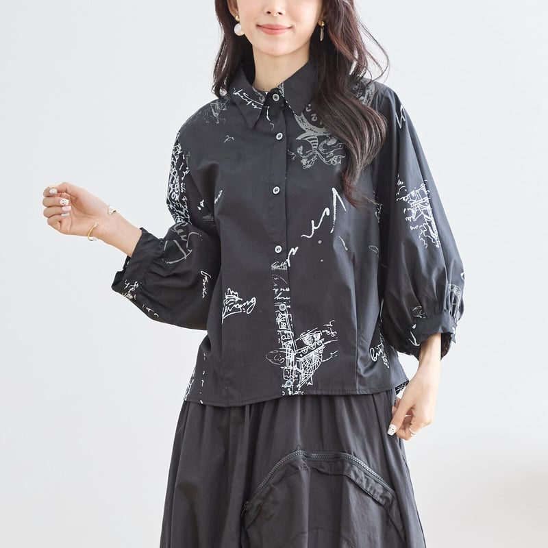 【みにまろ】未使用バルーンスリーブ黒シャツ(袖部分ダイヤ型の模様) SETUP7 ブラウス シャツ バルーンスリーブが一枚で決まる。「SETUP7