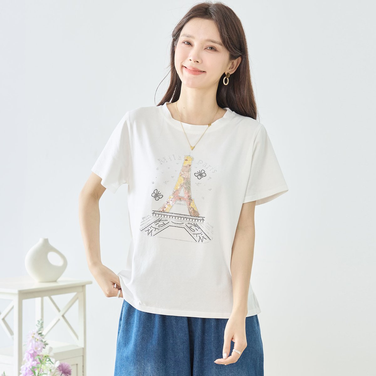 M〜L】フローラルエッフェル塔プリントTシャツ(N12-1092) | prologueik
