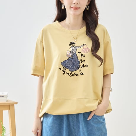 【M〜L】ガールイラストローズ刺繍半袖Tシャツ(N12-1244)