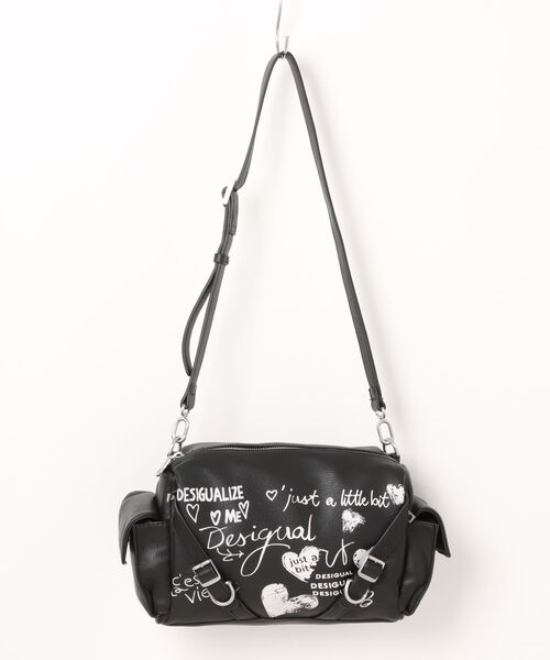 Desigual 手書き落書きプリントボウリングショルダーバッグ ブラック 