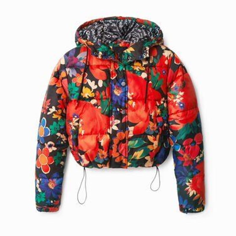 デジグアル　赤いダウンジャケット 花柄裏地　刺繍 デシグアル Desigual 総柄 刺繍 ダウンコート 中綿コート 赤 Мサイズ