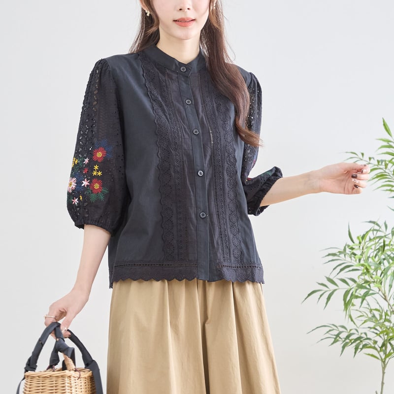 襟お花刺繍レースブラウス 花刺繍レース襟ブラウス ブルベ夏|ブラウス専門通販 Illdome