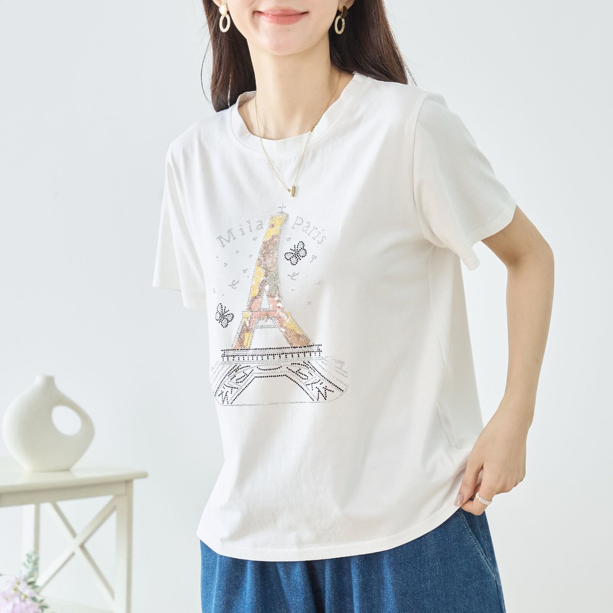 M〜L】フローラルエッフェル塔プリントTシャツ(N12-1092) | prologueik