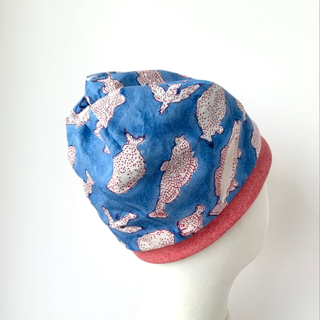Twist beanie   fish blue × red  L(57~60)