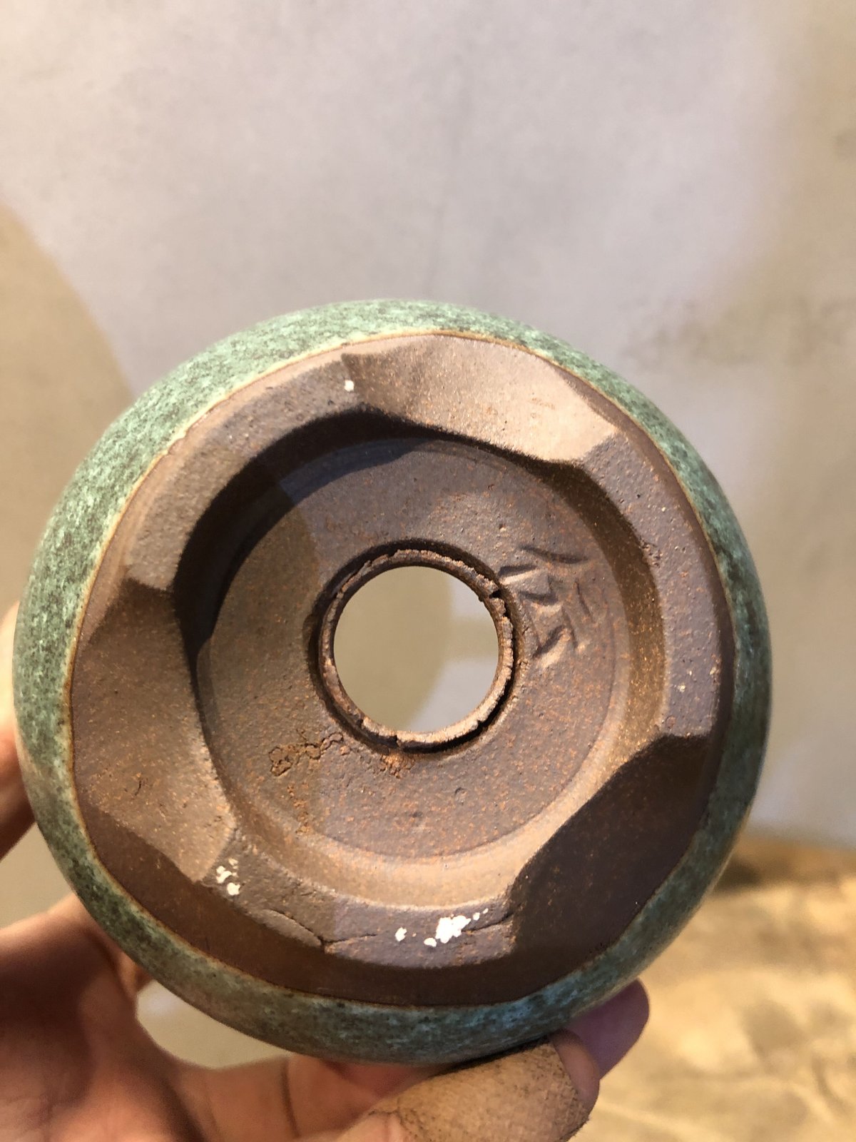 花模様 蓋付き 硯 緑 伝市鉢 コウロ型 サクラ草 3.5号 青銅 | GREEN LUCK