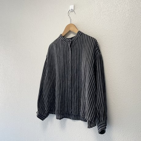 fog linen work リネンストライプバンドカラーシャツ