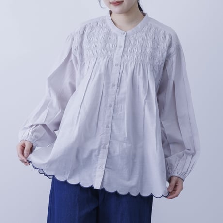 【3色展開】select 胸元シャーリング裾スカラップブラウス