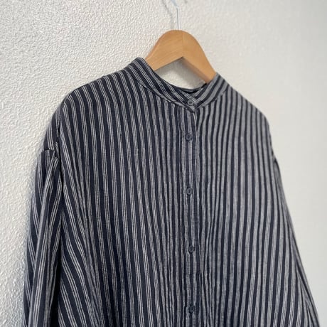 fog linen work リネンストライプバンドカラーシャツ