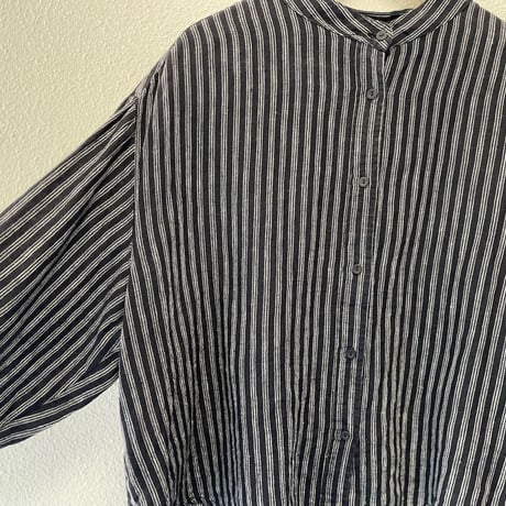 fog linen work リネンストライプバンドカラーシャツ