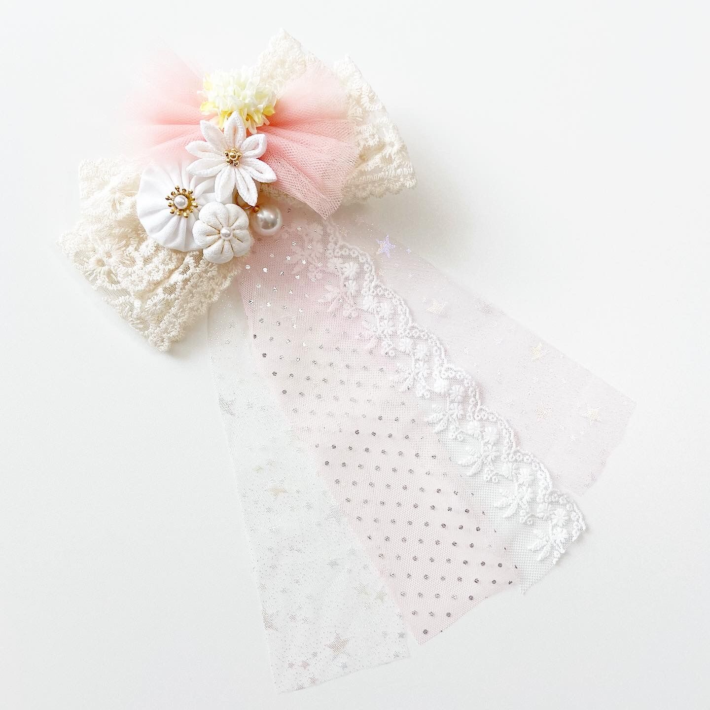 七五三髪飾り〈Love ribbon シリーズ♡〉 ぐるっと可愛い髪飾♡ 107 七五三> レースの髪飾り 3way ピンク | moco moco powan