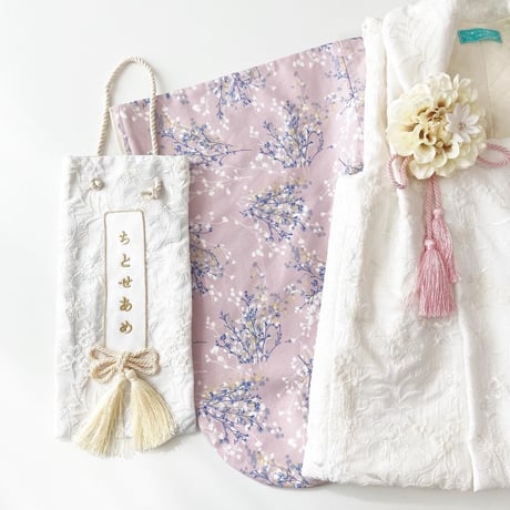 <七五三着物3歳>　ドライフラワー×刺繍レース