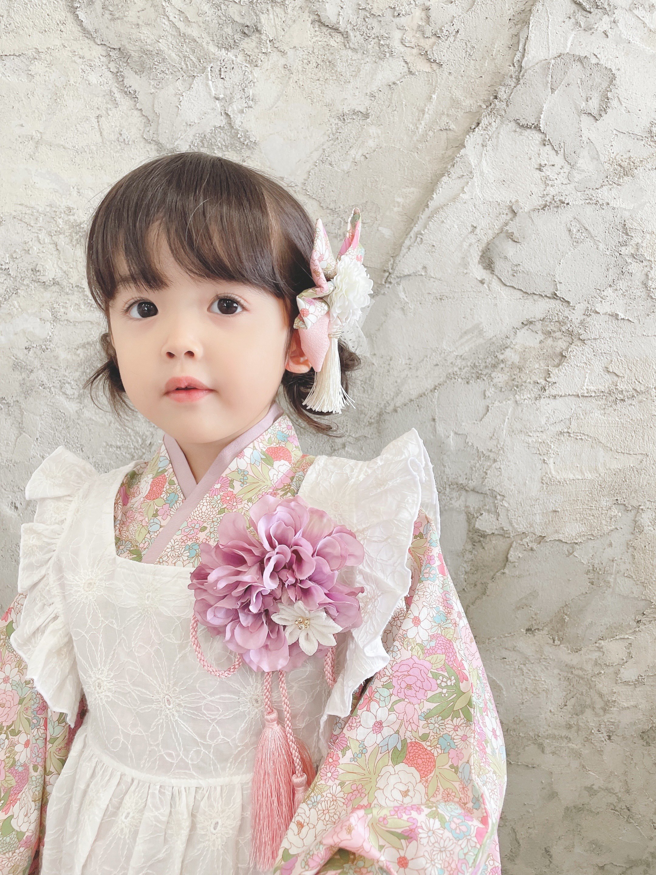 七五三 子供着物　5.7歳　花柄　美品 七五三着物3歳> 花柄ピンク×刺繍レース | moco moco powan
