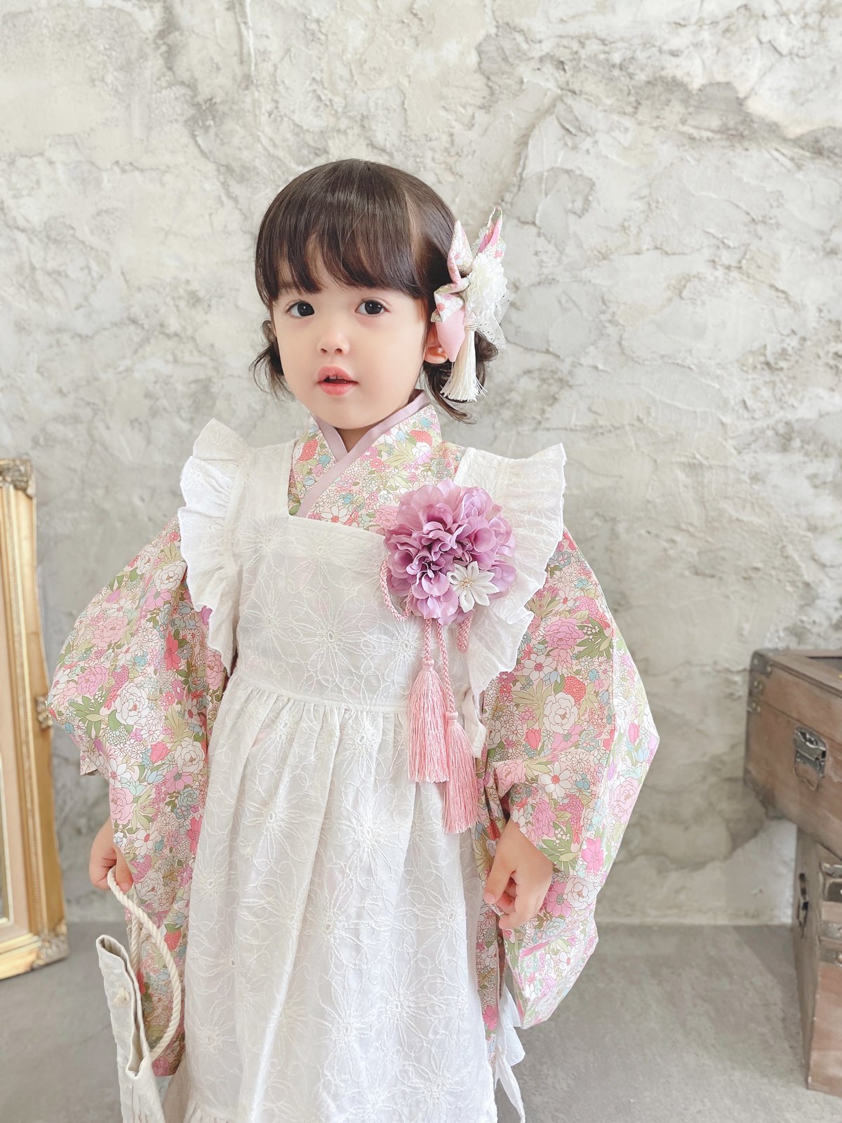 七五三着物3歳> 花柄ピンク×刺繍レース | moco moco powan 七五三着物3歳> 花柄ピンク×刺繍レース | moco moco powan