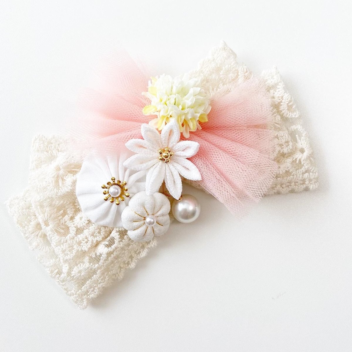 七五三髪飾り〈Love ribbon シリーズ♡〉 ぐるっと可愛い髪飾♡ 107 七五三> レースの髪飾り 3way ピンク | moco moco powan