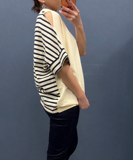 Pauline Bleu ポリーヌブロー　ボーダー切替　肩スリットTシャツ