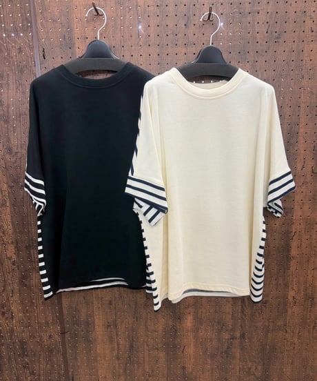 Pauline Bleu ポリーヌブロー　ボーダー切替　肩スリットTシャツ