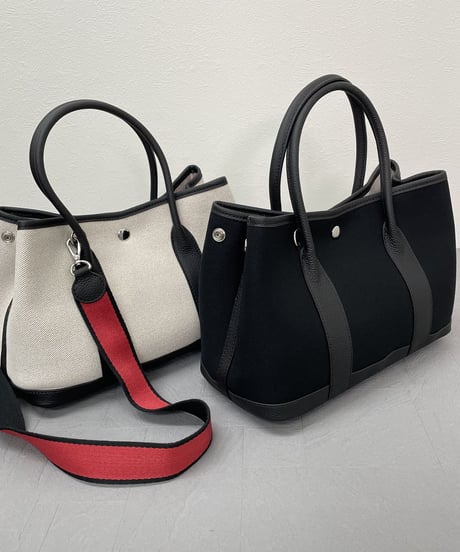 再販★牛革×canvas トートバックM  ブラック