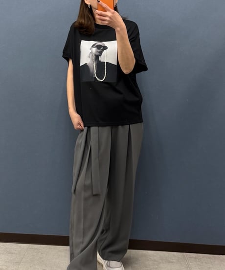 Pauline Bleu ポリーヌブロー　パール付きフォトプリントTシャツ