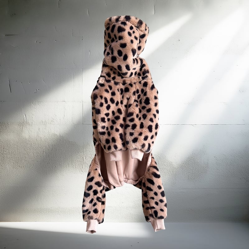 ECO-FUR LEOPARD ZIP-UP ROMPERS:BROWN //ｴｺﾌｧｰﾚｵﾊ