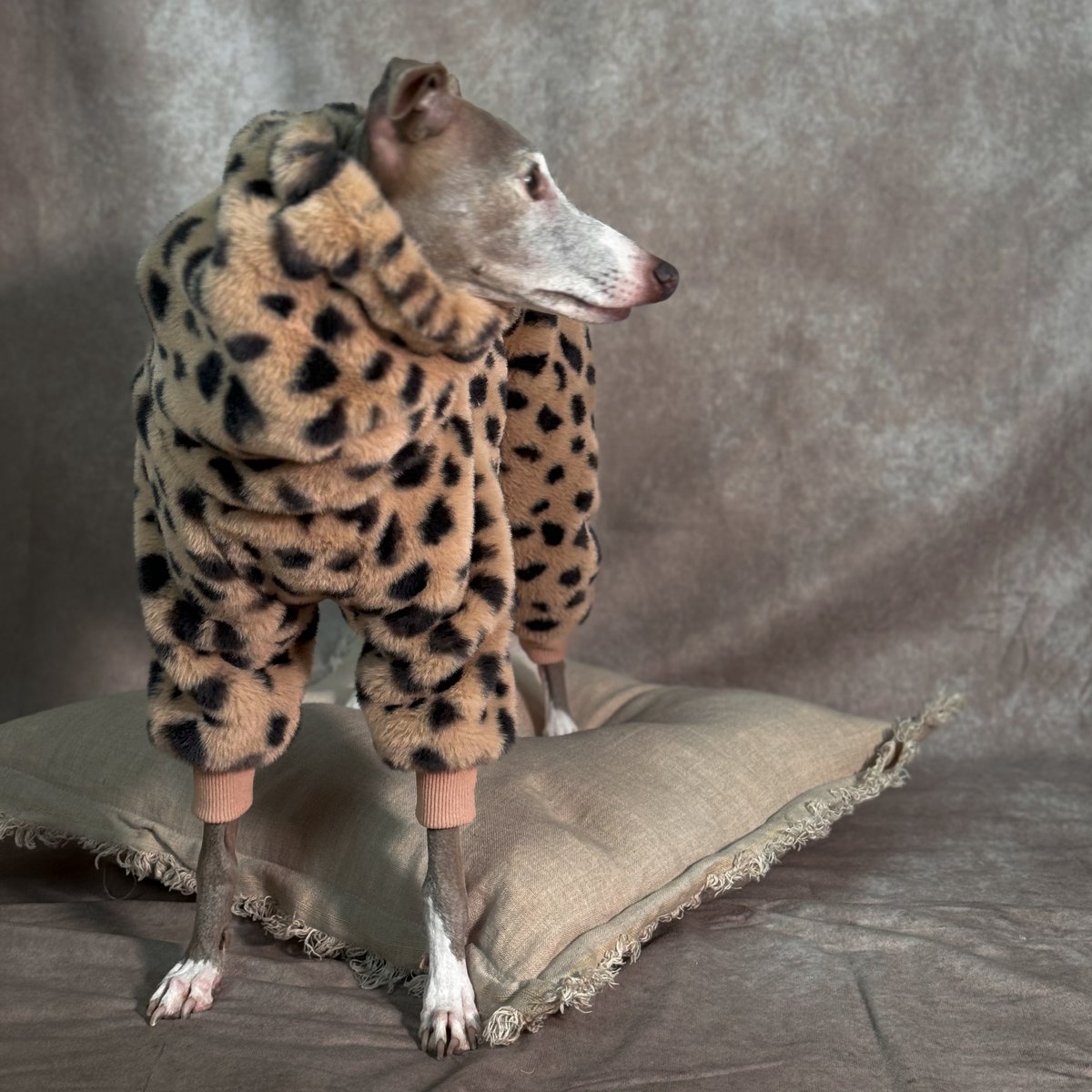 ECO-FUR LEOPARD ZIP-UP ROMPERS:BROWN //ｴｺﾌｧｰﾚｵﾊ