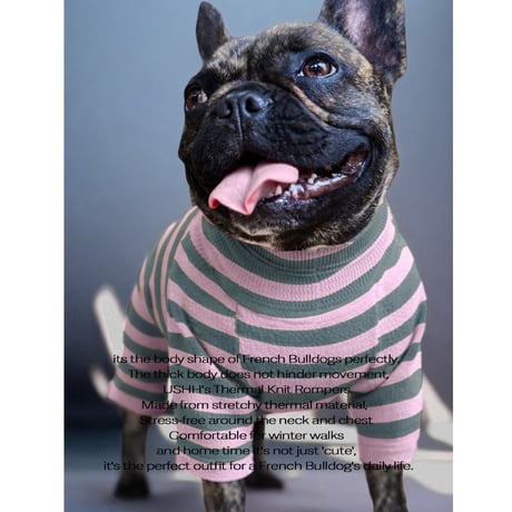 <FRENCH BULLDOG> Thermal Knit Rompers: border <フレンチブルドッグ:ｻｰﾏﾙﾆｯﾄﾛﾝﾊﾟｰｽ: ﾎﾞｰﾀﾞｰ>