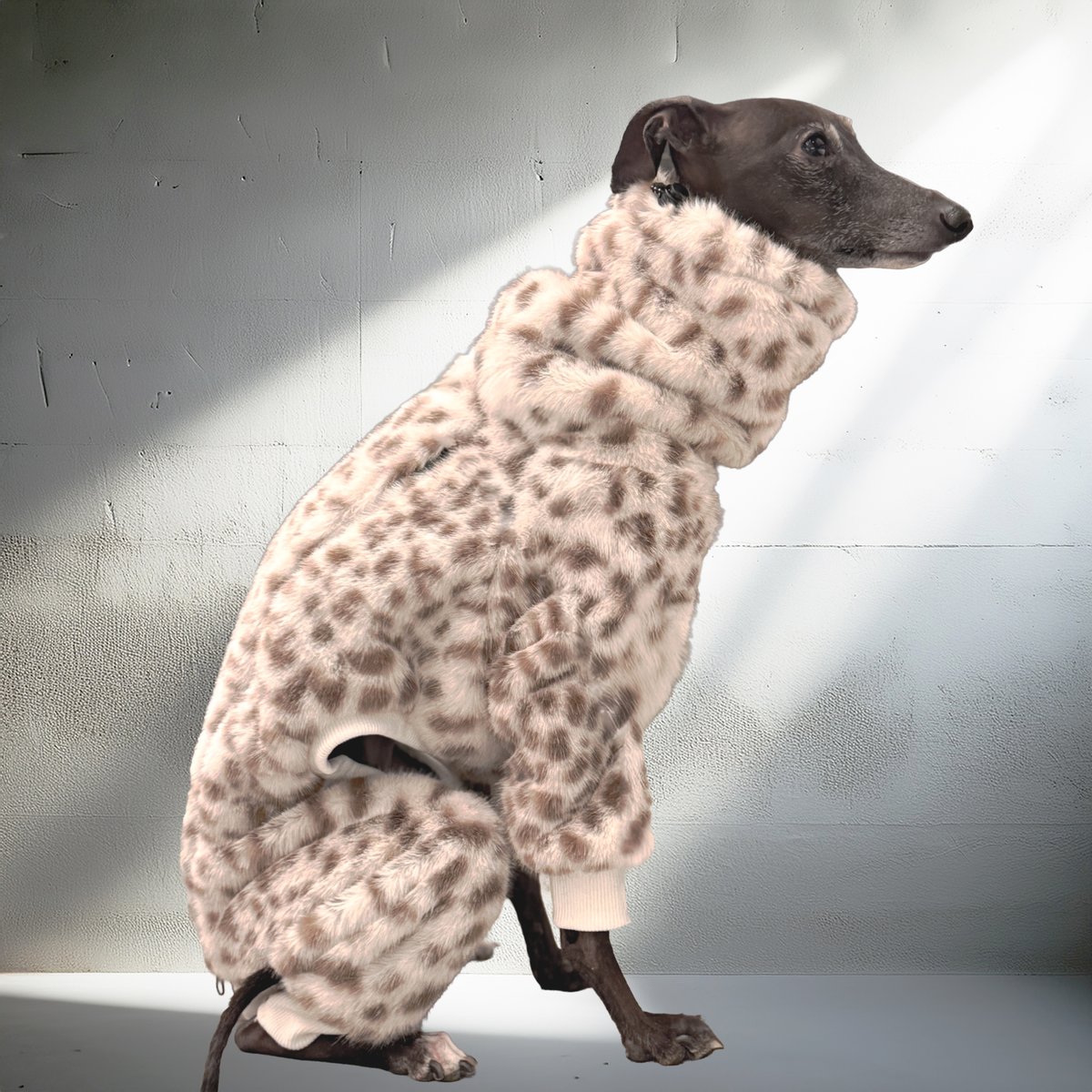 USHH エコファーレオパードジップアップロンパース：ブラウン　S　イタグレ ECO-FUR LEOPARD ZIP-UP ROMPERS:BROWN //ｴｺﾌｧｰﾚｵﾊ