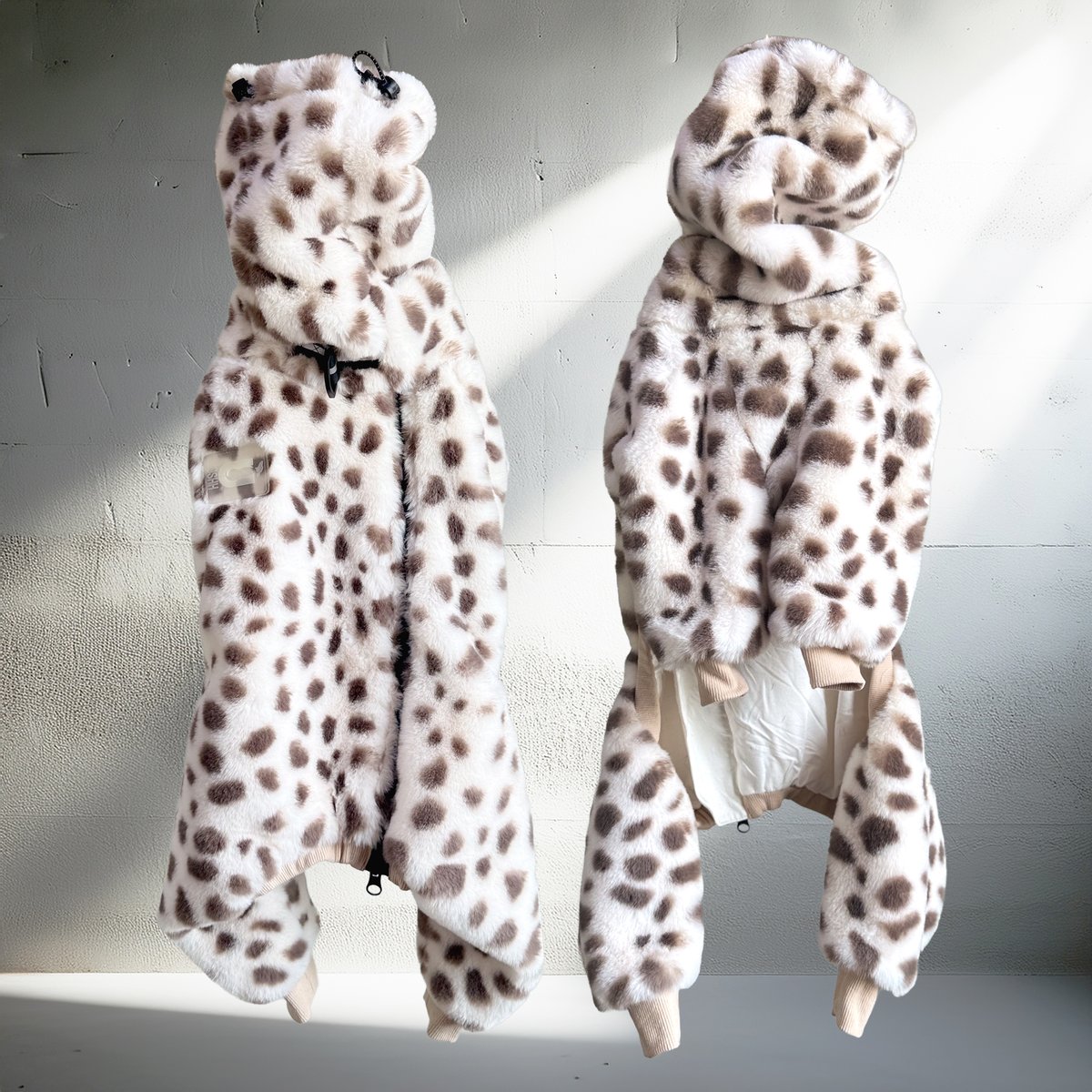 ECO-FUR LEOPARD ZIP-UP ROMPERS:OFF WHITE //ｴｺﾌｧ