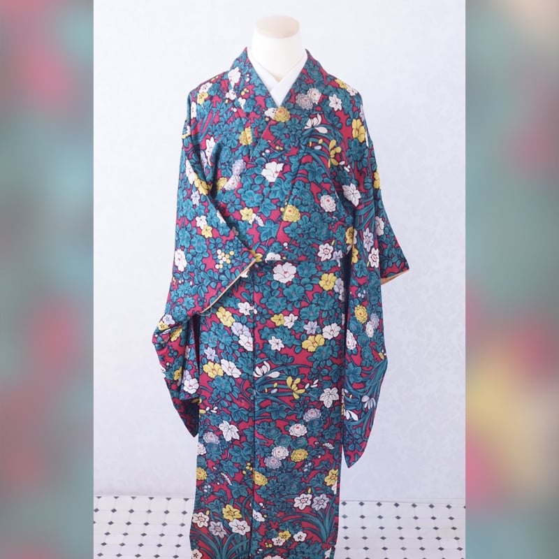 アンティーク　小紋　花紋　菊　牡丹　楓　着物　064a d c13d2fce4ec14d611f8d87f6523e0a
